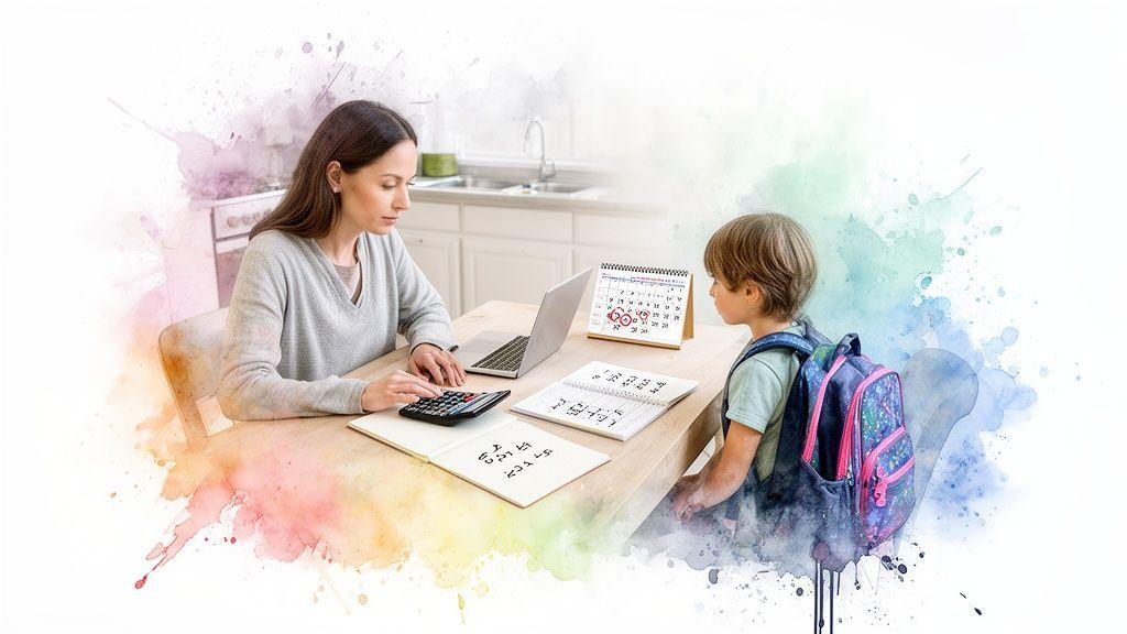 Une femme calcule sur un ordinateur portable et une calculatrice à table, un enfant avec sac à dos attend près d
